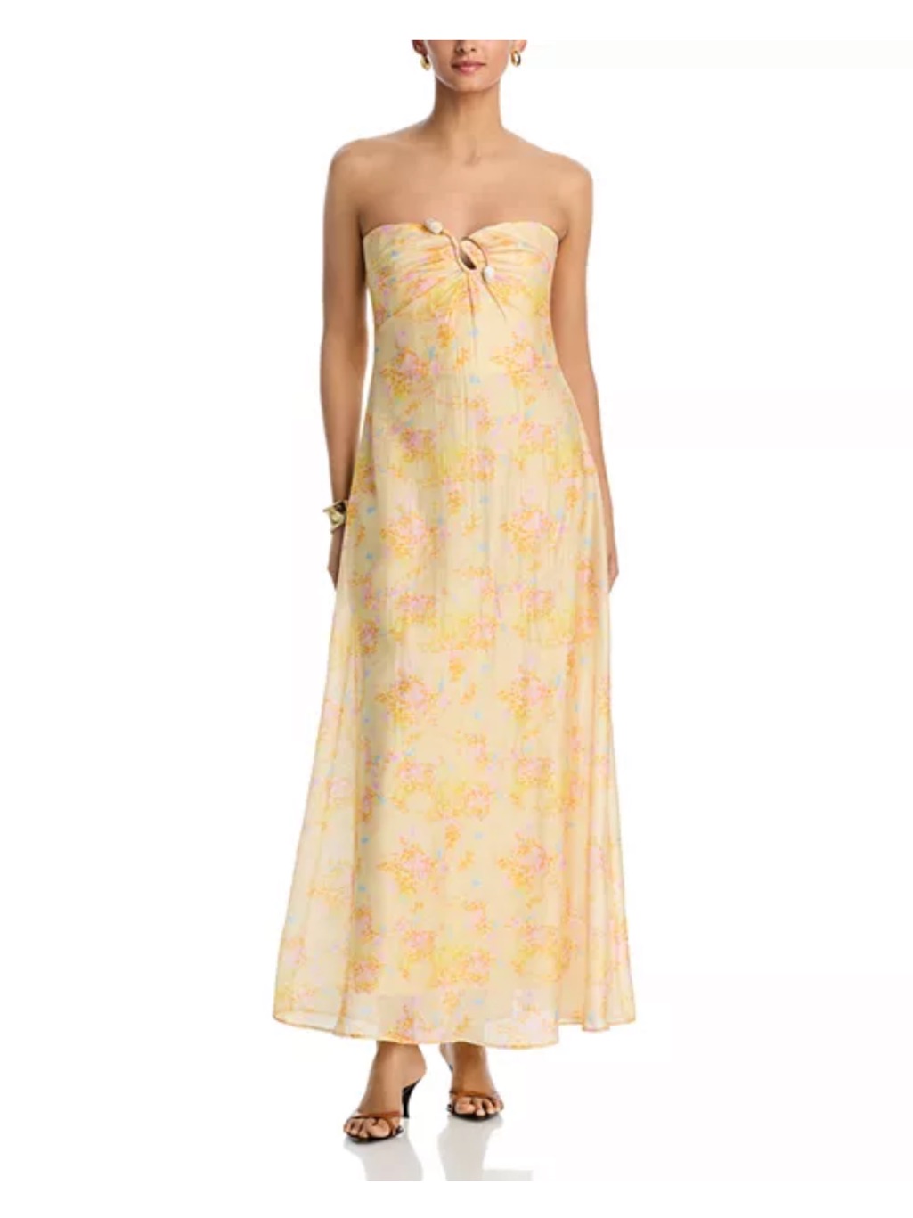 Bardot Strapless Sweetheart Maxi Dress In Pastel Yellow With Pink Floral